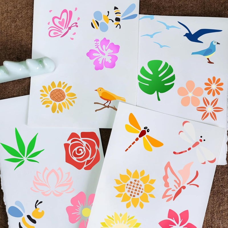 Resflyar 20 PCS 6 Inch Flower Painting Stencils, Sunflower Bee Reusable Plastic Paint Templates, Rose Butterfly Birds Stencils Set for Painting on Wood Rock Canvas Fabric Glass Art Pottery DIY Craft Decor - Image 5